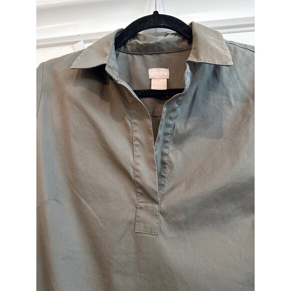 Chico’s Olive Green Collar V-Neck High- Low Shirt Dress - Picture 3 of 8